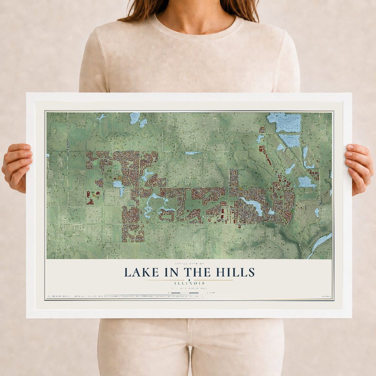 Map of Lake in the Hills, Illinois, 12 x 18 inch print in a white wood frame