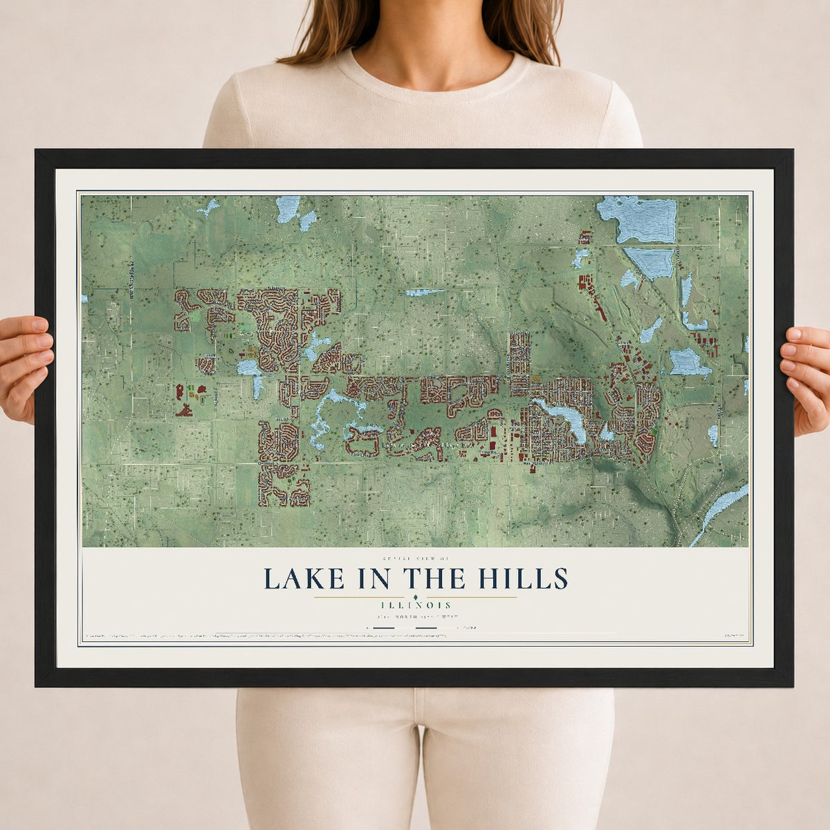 Map of Lake in the Hills, Illinois, 18 x 24 inch print in a black wood frame