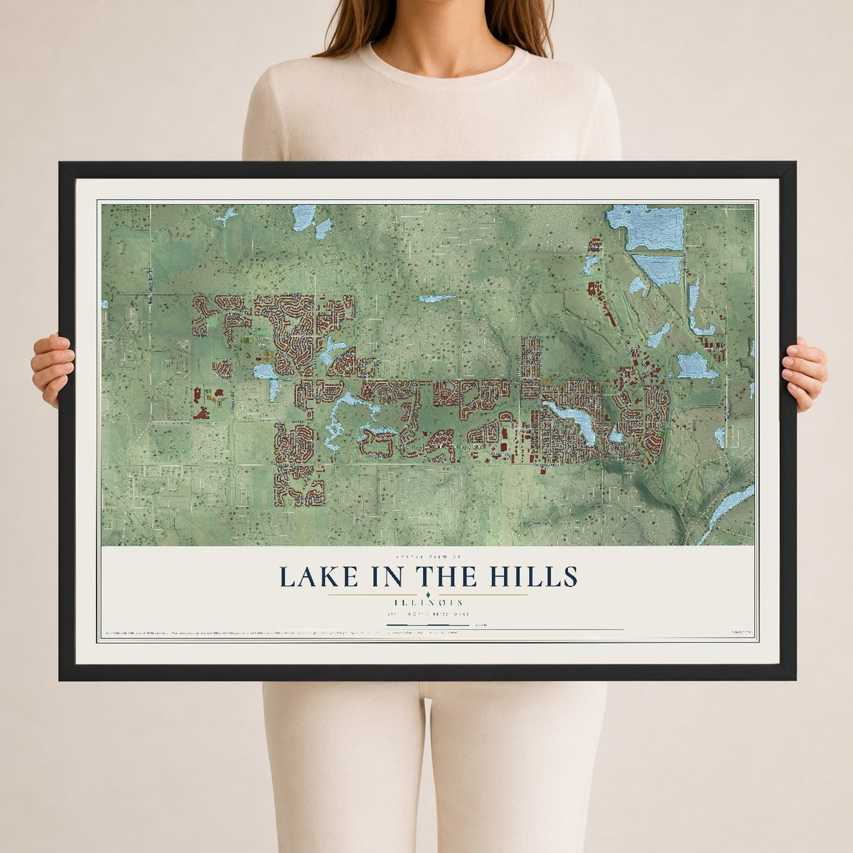 Map of Lake in the Hills, Illinois, 24 x 36 inch print in a black wood frame