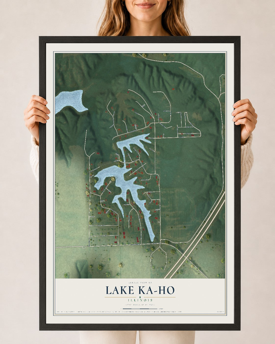 Map of Lake Ka-Ho, Illinois, 24 x 36 inch print in a black wood frame