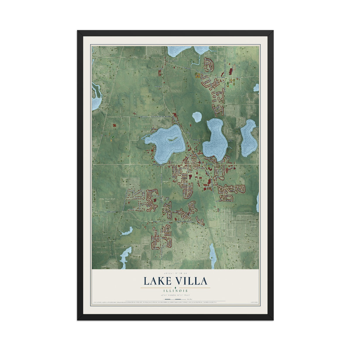 Map of Lake Villa, Illinois, 12 x 18 inch print in a black wood frame