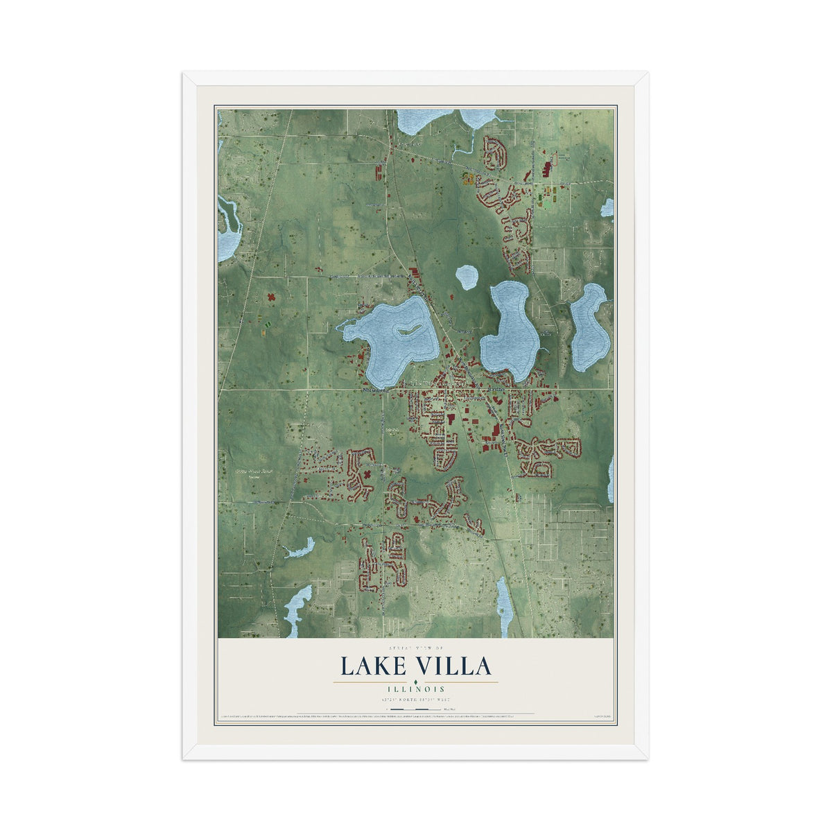 Map of Lake Villa, Illinois, 12 x 18 inch print in a white wood frame