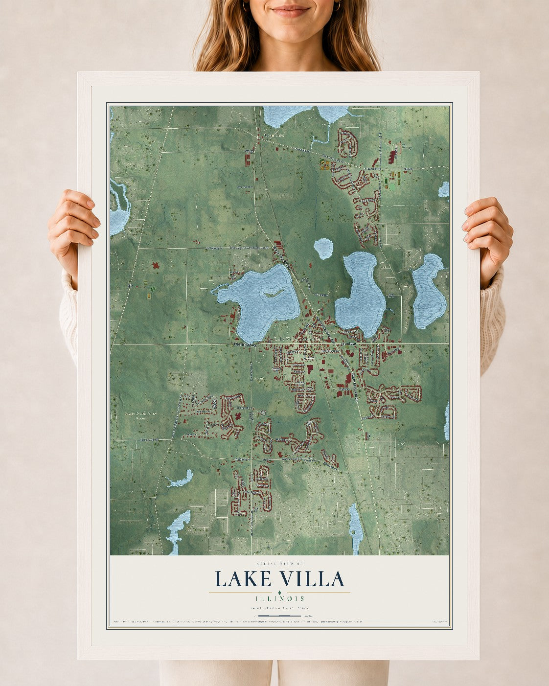 Map of Lake Villa, Illinois, 24 x 36 inch print in a white wood frame