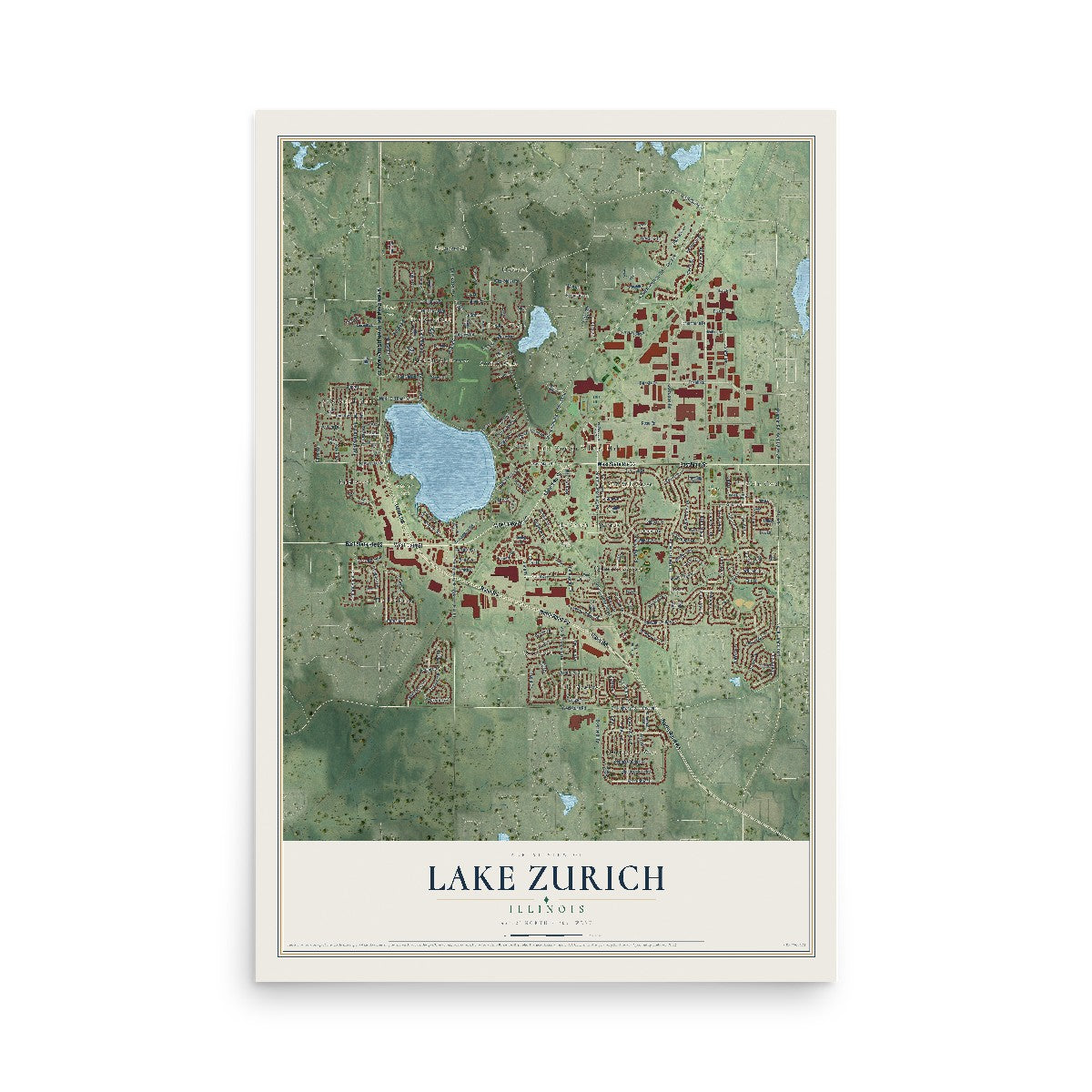 Map of Lake Zurich, Illinois, 12 x 18 inch unframed archival matte print
