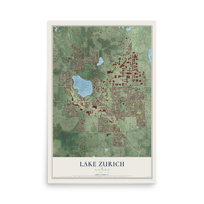 Map of Lake Zurich, Illinois, 12 x 18 inch unframed archival matte print