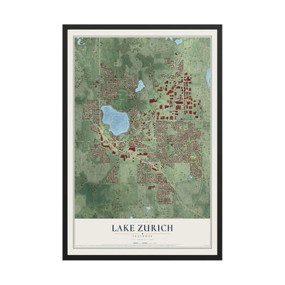 Map of Lake Zurich, Illinois, 12 x 18 inch print in a black wood frame