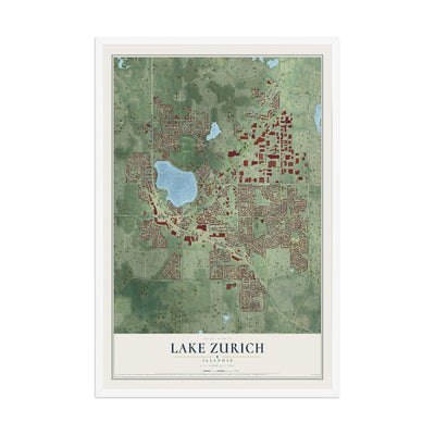 Map of Lake Zurich, Illinois, 12 x 18 inch print in a white wood frame