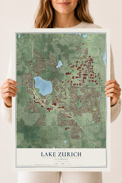 Map of Lake Zurich, Illinois, 18 x 24 inch unframed archival matte print
