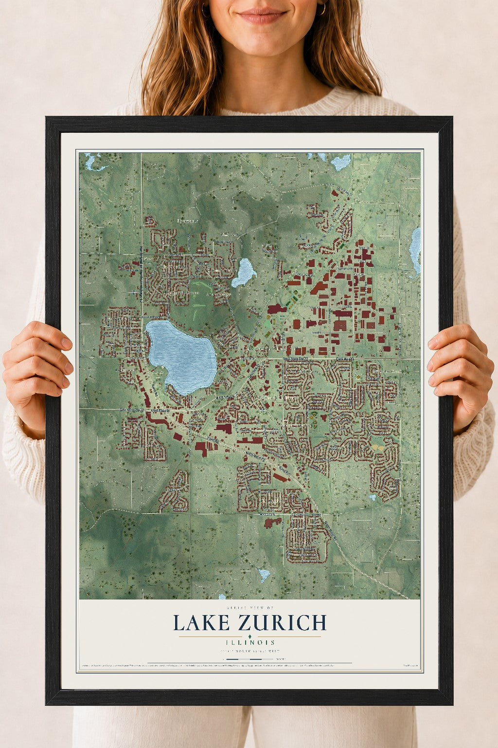 Map of Lake Zurich, Illinois, 18 x 24 inch print in a black wood frame