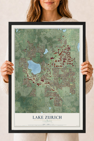Map of Lake Zurich, Illinois, 18 x 24 inch print in a black wood frame
