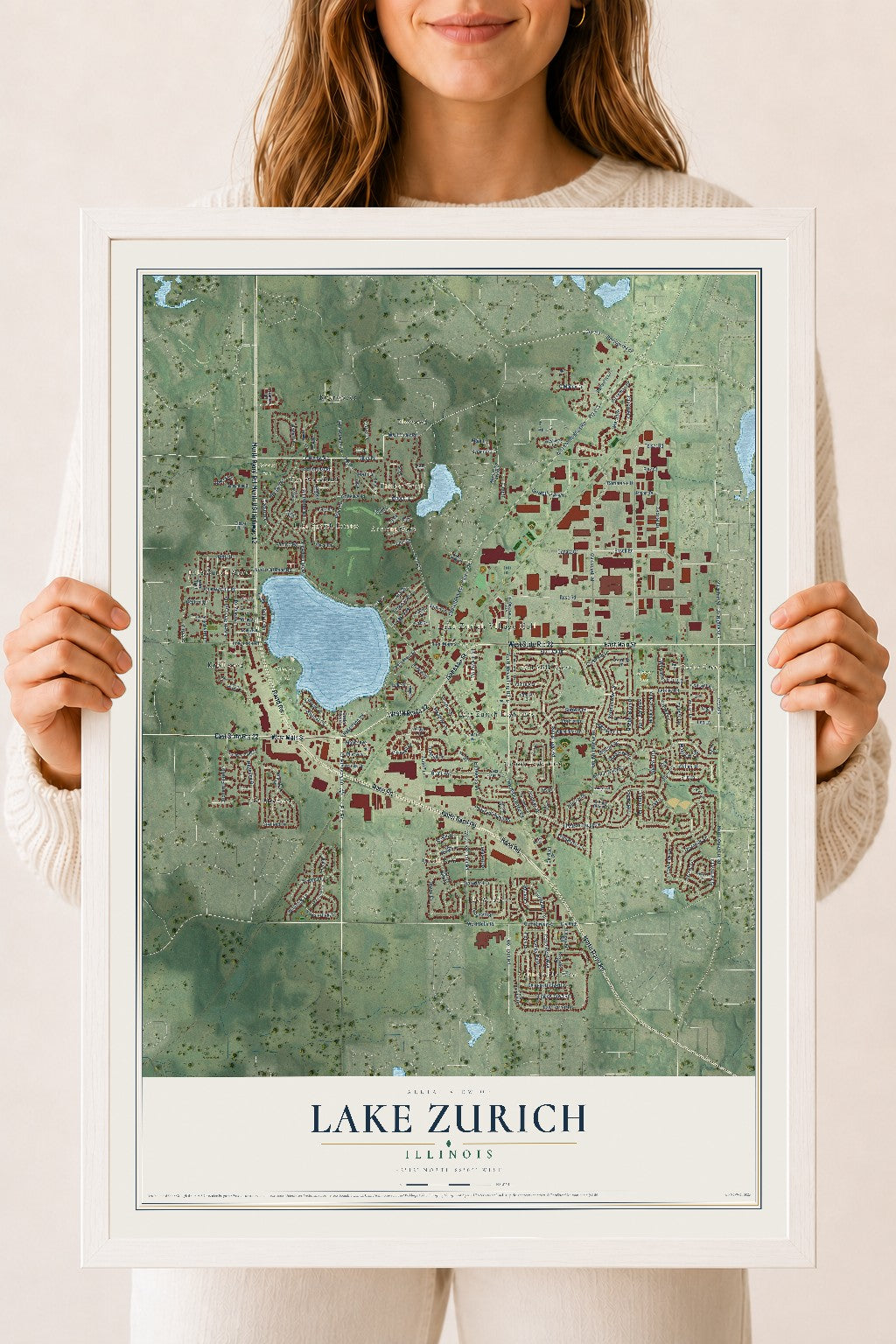 Map of Lake Zurich, Illinois, 18 x 24 inch print in a white wood frame