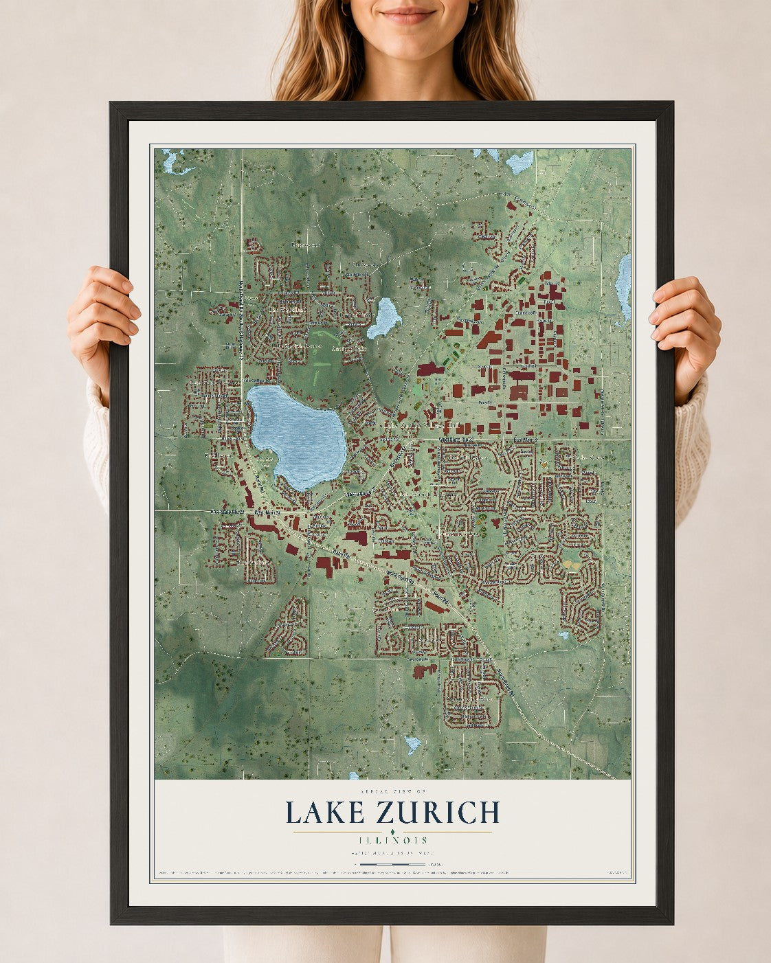 Map of Lake Zurich, Illinois, 24 x 36 inch print in a black wood frame