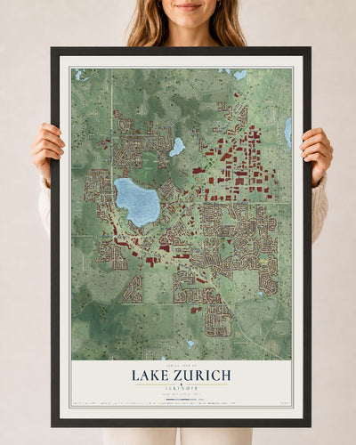 Map of Lake Zurich, Illinois, 24 x 36 inch print in a black wood frame