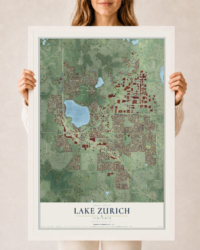 Map of Lake Zurich, Illinois, 24 x 36 inch print in a white wood frame