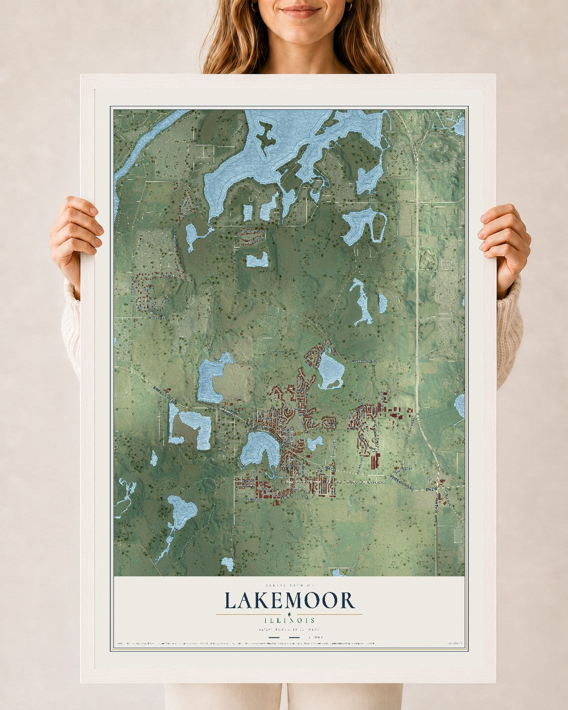 Map of Lakemoor, Illinois, 24 x 36 inch print in a white wood frame