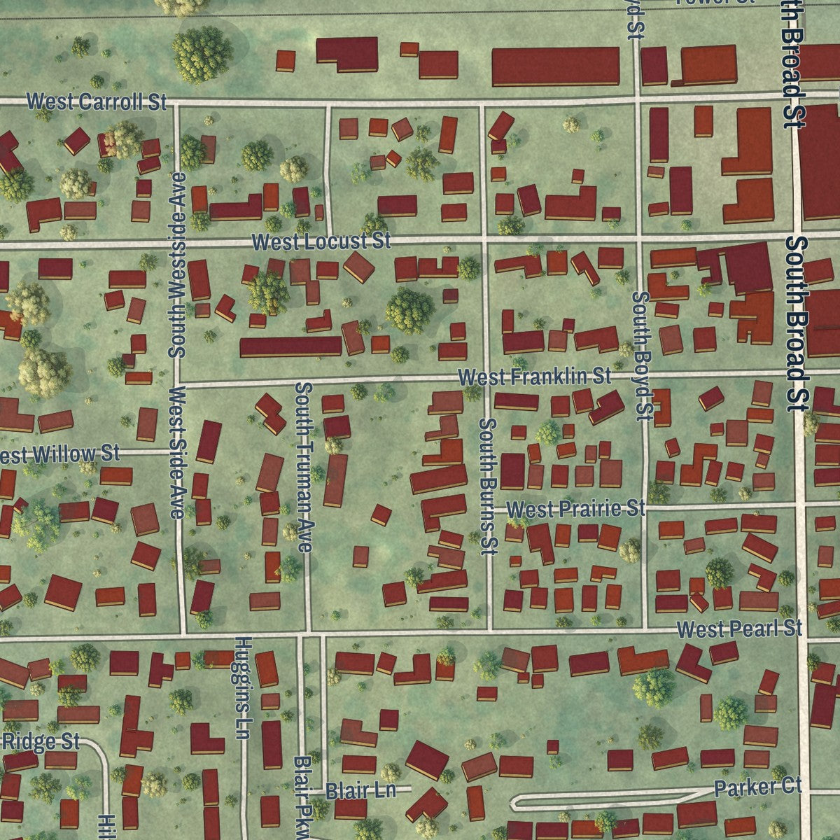 Close-up of the map of Lanark, Illinois print showing street and building detail
