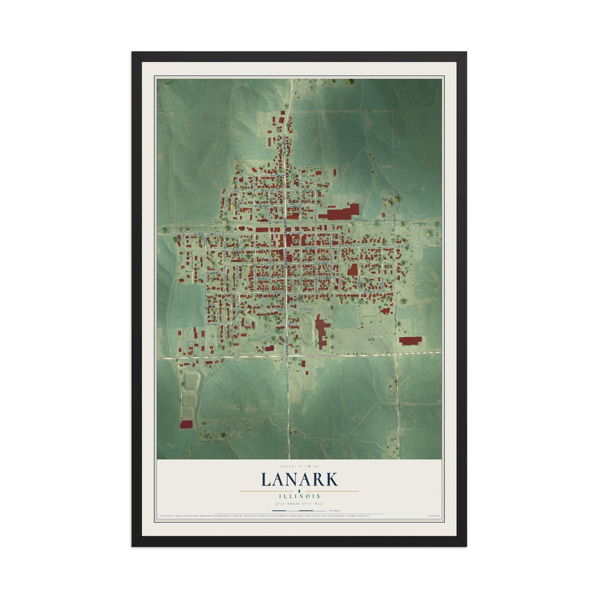 Map of Lanark, Illinois, 12 x 18 inch print in a black wood frame