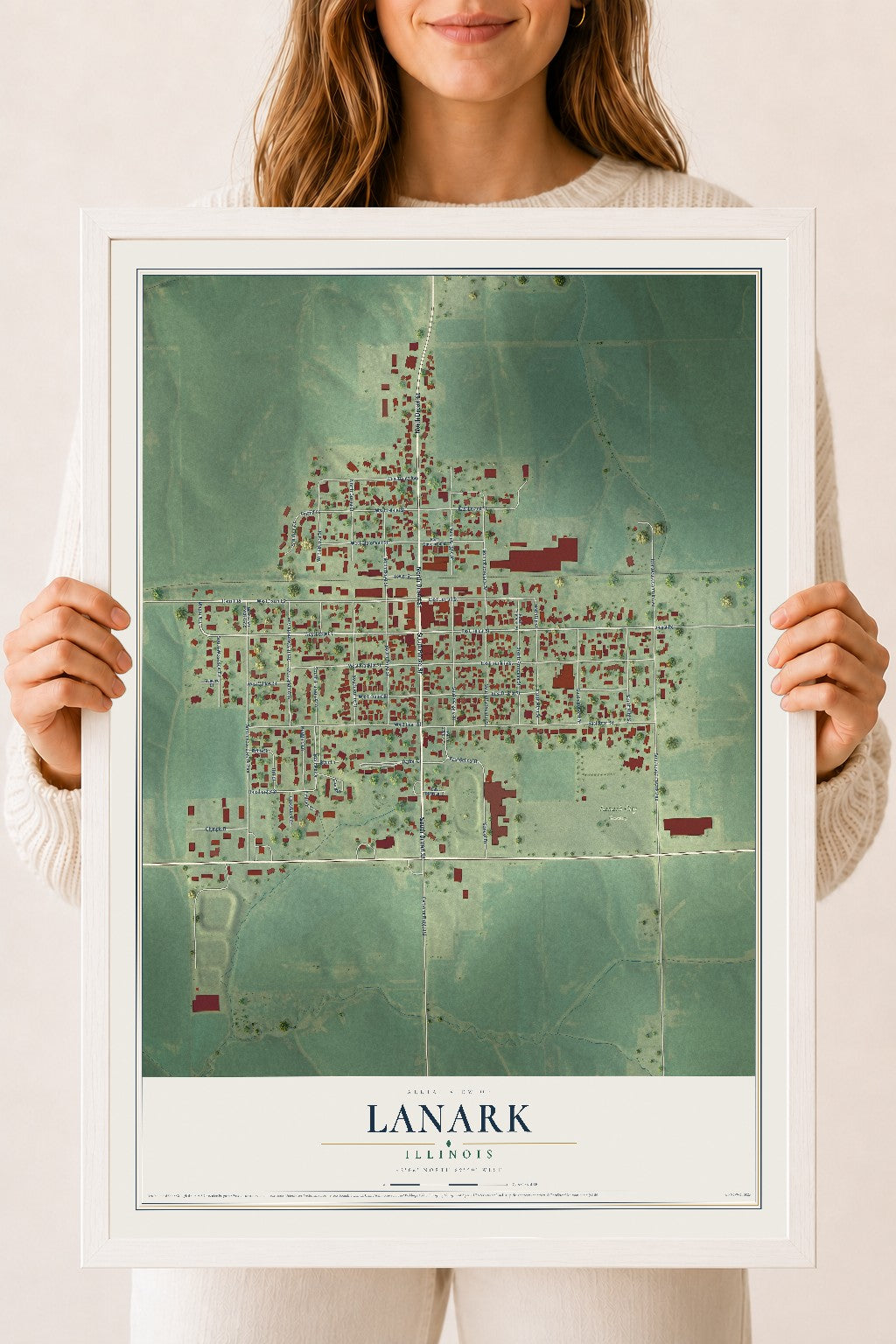 Map of Lanark, Illinois, 18 x 24 inch print in a white wood frame