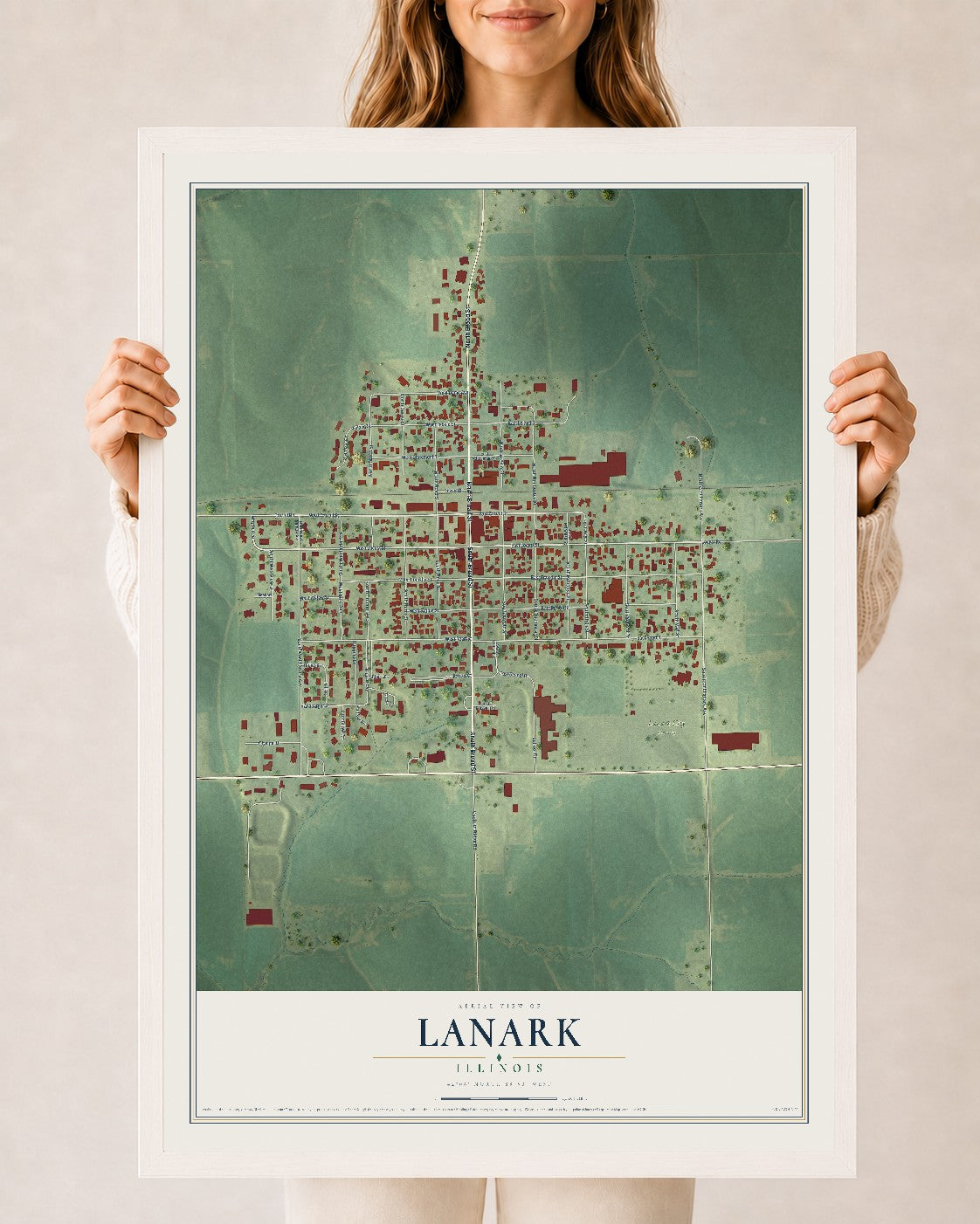 Map of Lanark, Illinois, 24 x 36 inch print in a white wood frame