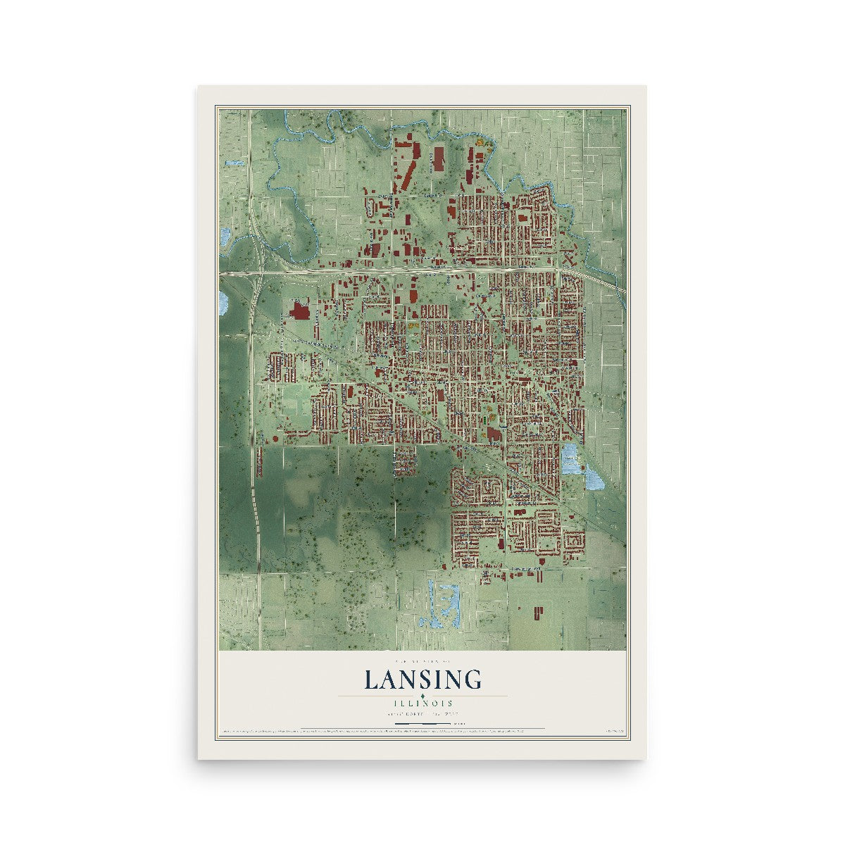 Map of Lansing, Illinois, 12 x 18 inch unframed archival matte print
