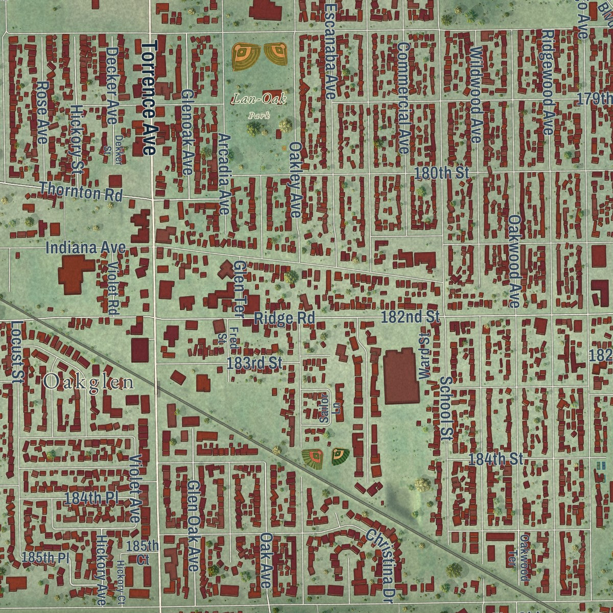 Close-up of the map of Lansing, Illinois print showing street and building detail