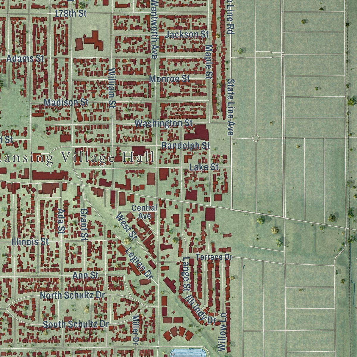 Second close-up of the map of Lansing, Illinois print showing more streets and buildings