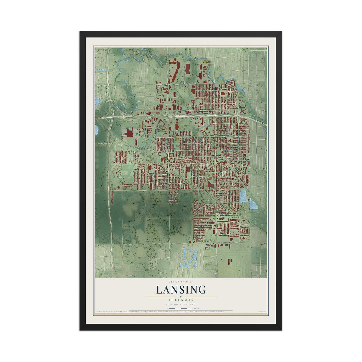 Map of Lansing, Illinois, 12 x 18 inch print in a black wood frame