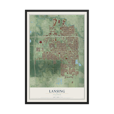Map of Lansing, Illinois, 12 x 18 inch print in a black wood frame