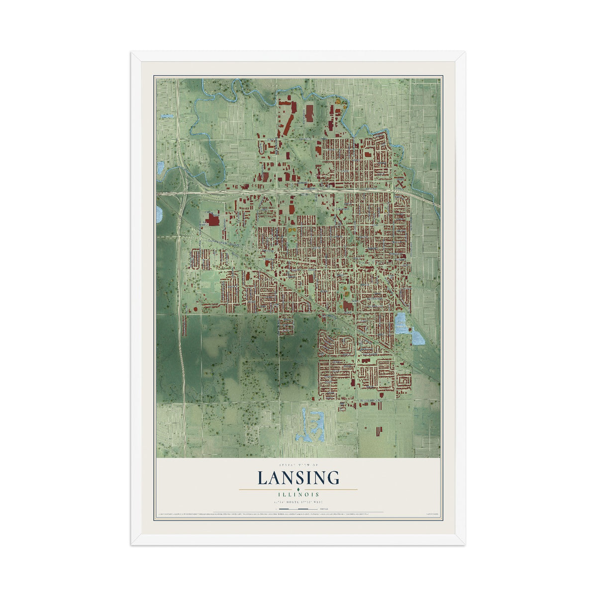 Map of Lansing, Illinois, 12 x 18 inch print in a white wood frame