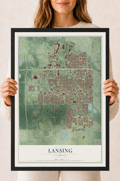 Map of Lansing, Illinois, 18 x 24 inch print in a black wood frame
