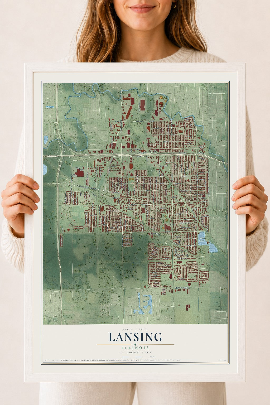 Map of Lansing, Illinois, 18 x 24 inch print in a white wood frame