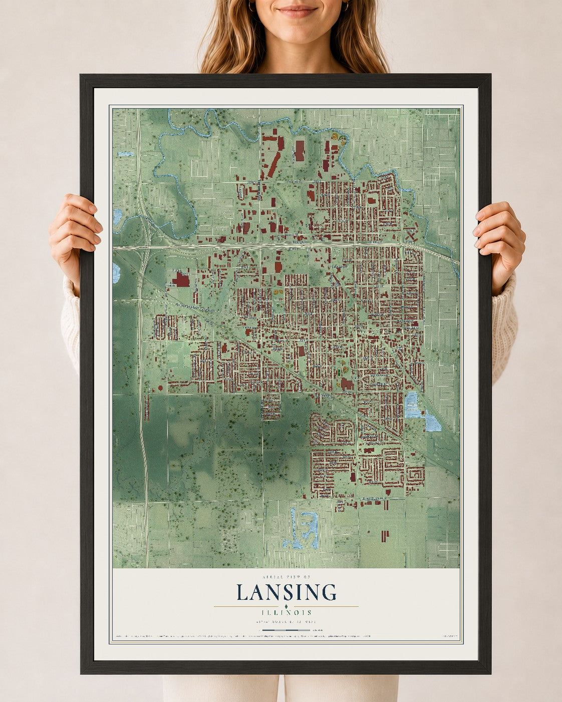Map of Lansing, Illinois, 24 x 36 inch print in a black wood frame
