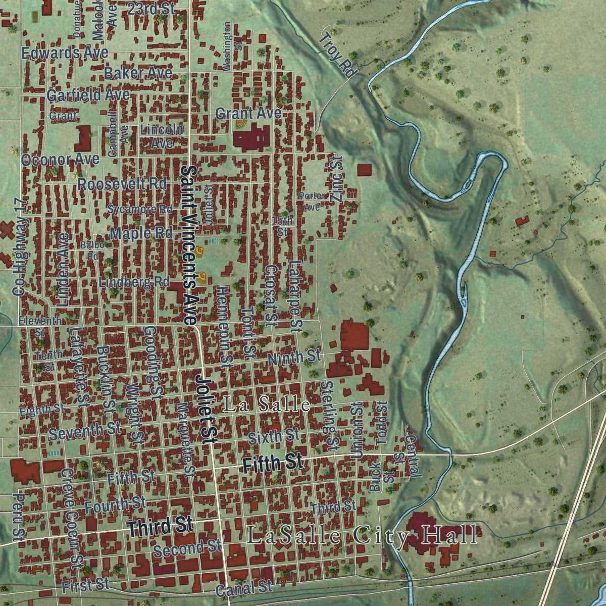 Close-up of the map of LaSalle, Illinois print showing street and building detail