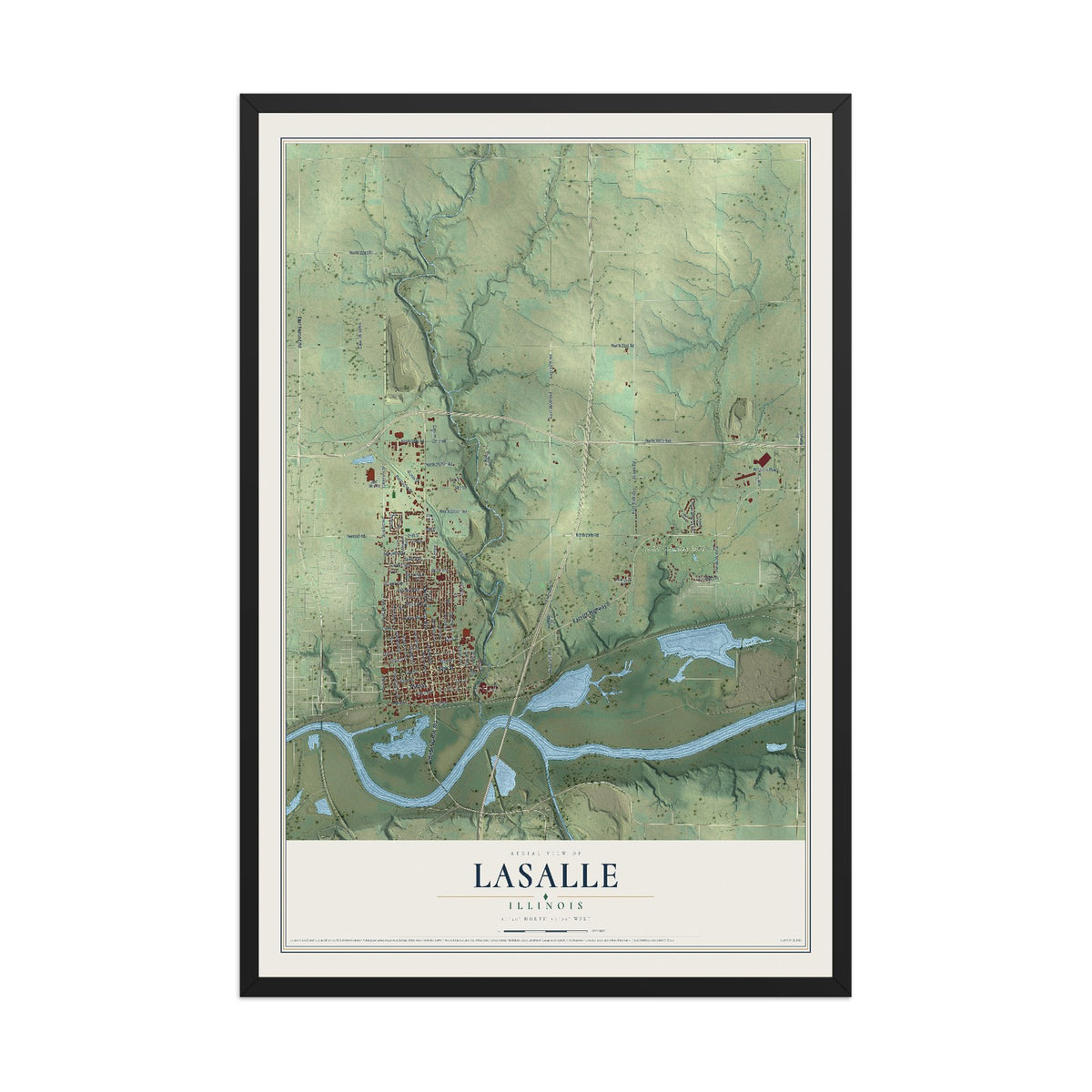 Map of LaSalle, Illinois, 12 x 18 inch print in a black wood frame