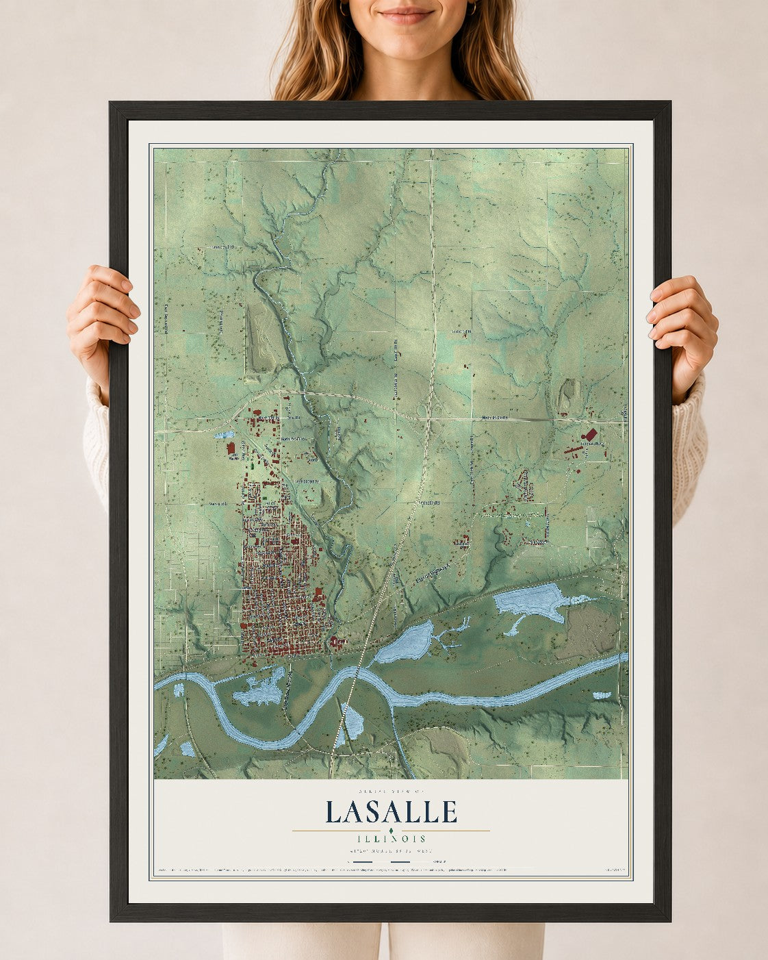 Map of LaSalle, Illinois, 24 x 36 inch print in a black wood frame