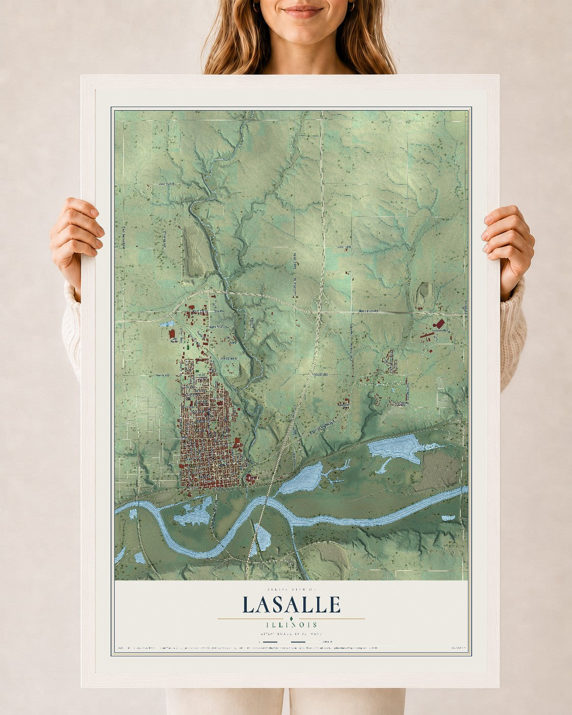 Map of LaSalle, Illinois, 24 x 36 inch print in a white wood frame