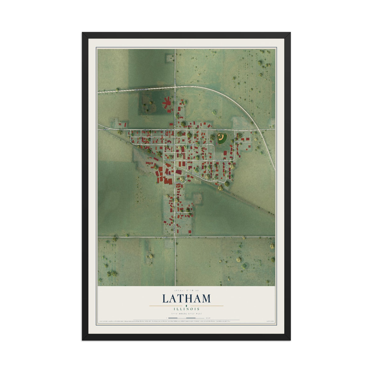 Map of Latham, Illinois, 12 x 18 inch print in a black wood frame