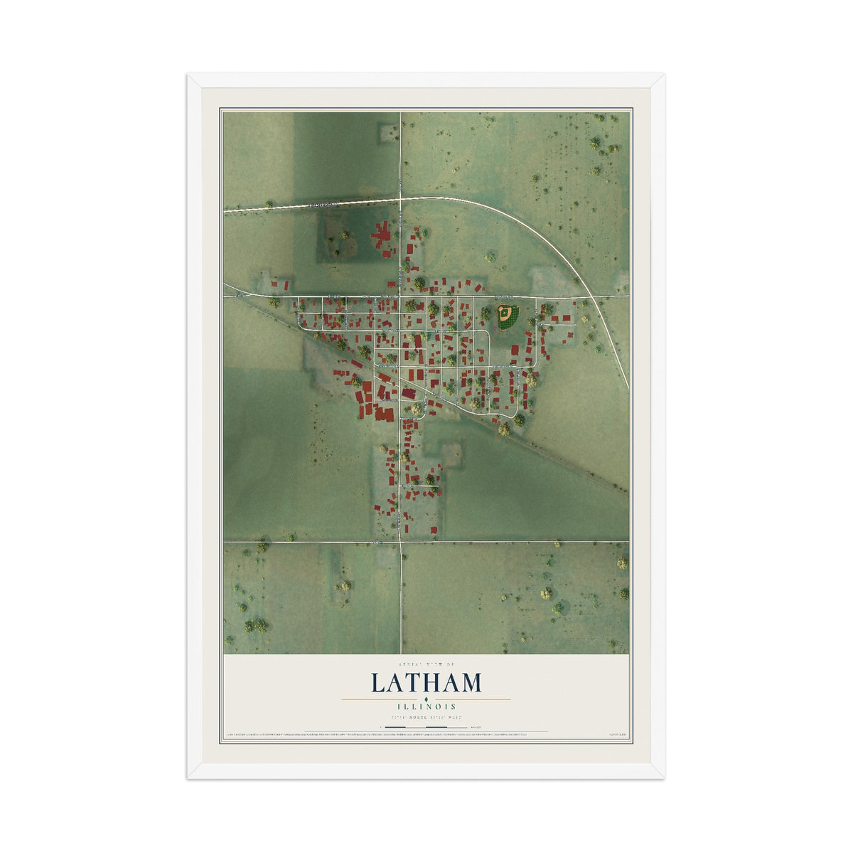 Map of Latham, Illinois, 12 x 18 inch print in a white wood frame