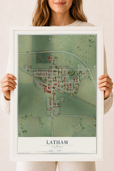 Map of Latham, Illinois, 18 x 24 inch print in a white wood frame