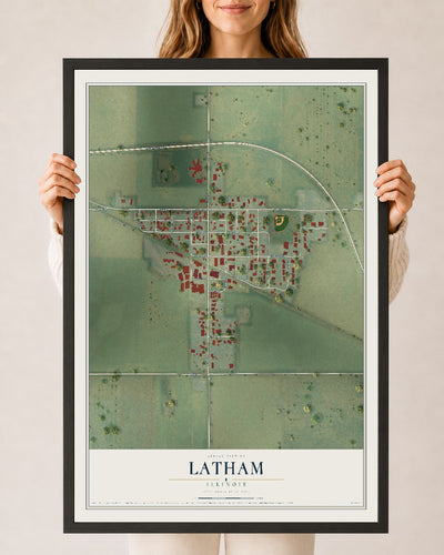 Map of Latham, Illinois, 24 x 36 inch print in a black wood frame