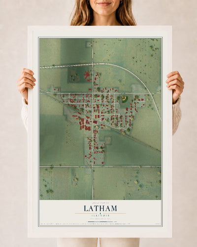 Map of Latham, Illinois, 24 x 36 inch print in a white wood frame