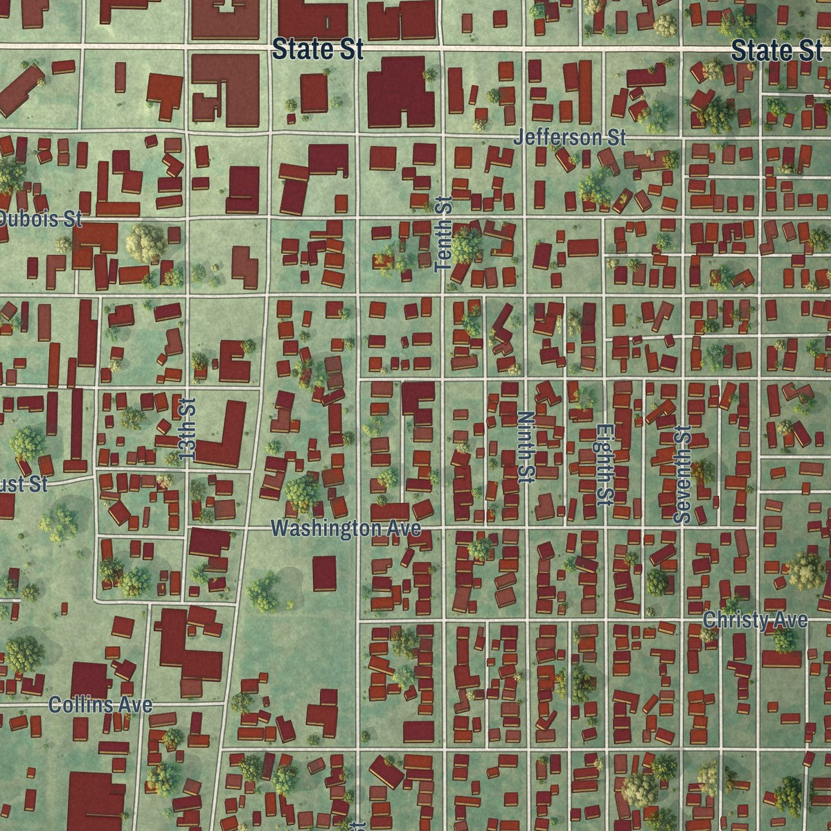 Close-up of the map of Lawrenceville, Illinois print showing street and building detail