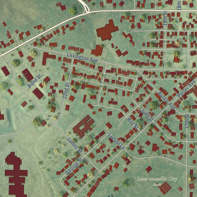Second close-up of the map of Lawrenceville, Illinois print showing more streets and buildings
