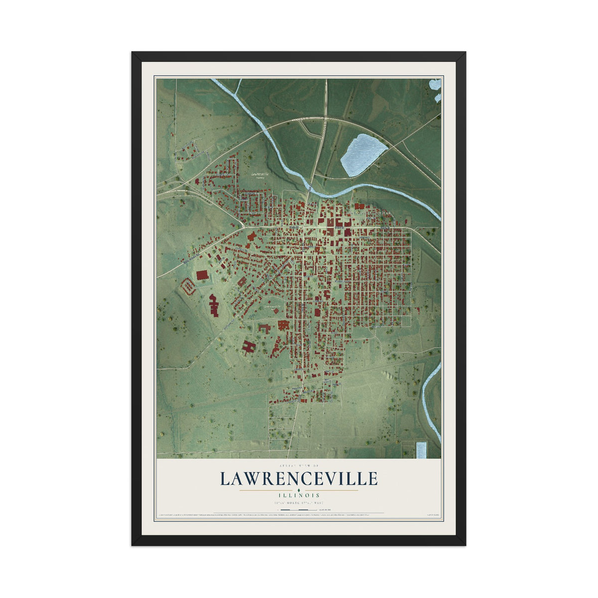 Map of Lawrenceville, Illinois, 12 x 18 inch print in a black wood frame