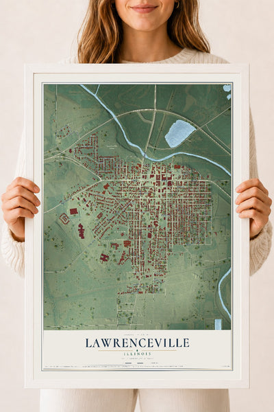 Map of Lawrenceville, Illinois, 18 x 24 inch print in a white wood frame