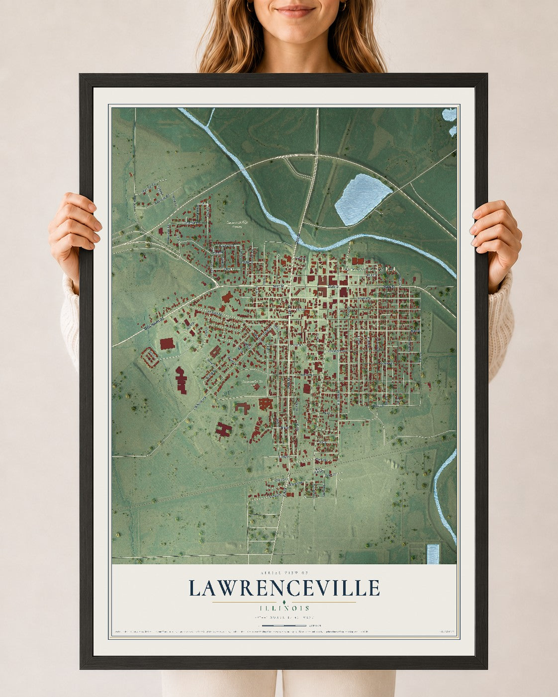 Map of Lawrenceville, Illinois, 24 x 36 inch print in a black wood frame