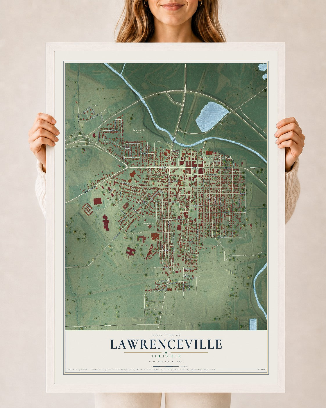 Map of Lawrenceville, Illinois, 24 x 36 inch print in a white wood frame