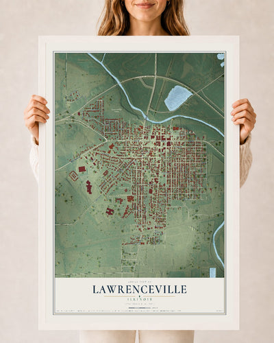 Map of Lawrenceville, Illinois, 24 x 36 inch print in a white wood frame