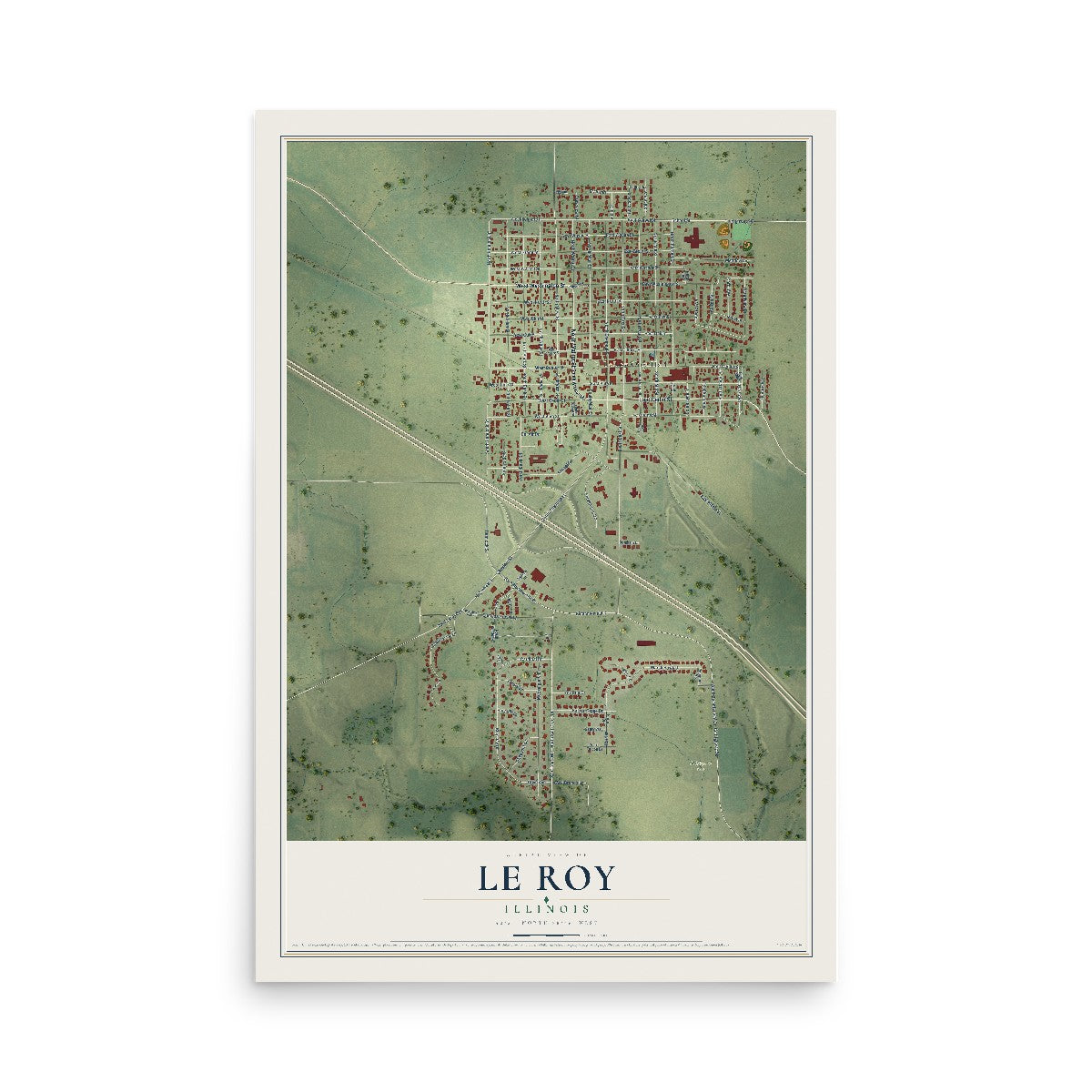 Map of Le Roy, Illinois, 12 x 18 inch unframed archival matte print