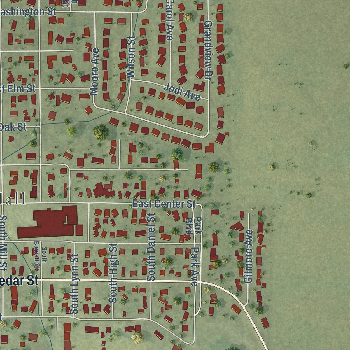 Second close-up of the map of Le Roy, Illinois print showing more streets and buildings